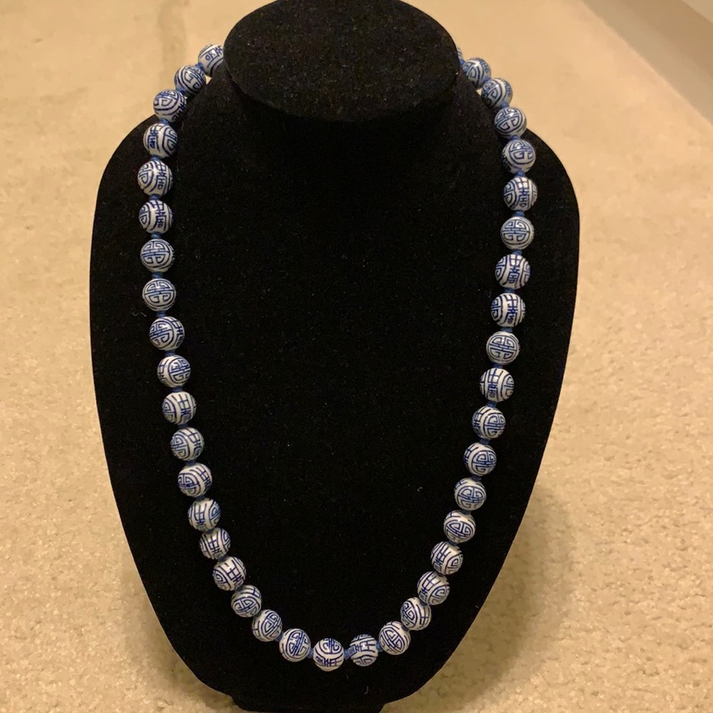 Blue and White Hand-knotted Ceramic Beads Necklace